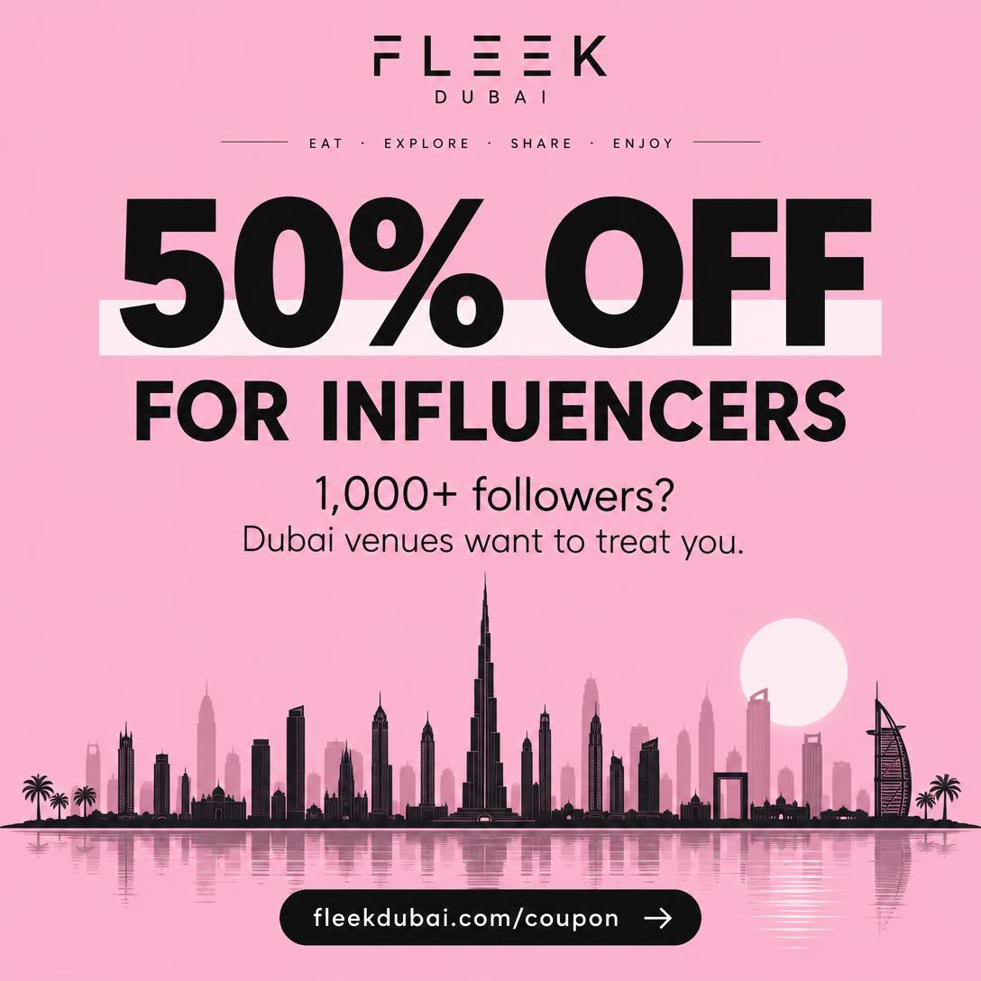 50% off for influencers, pink Fleek Dubai post