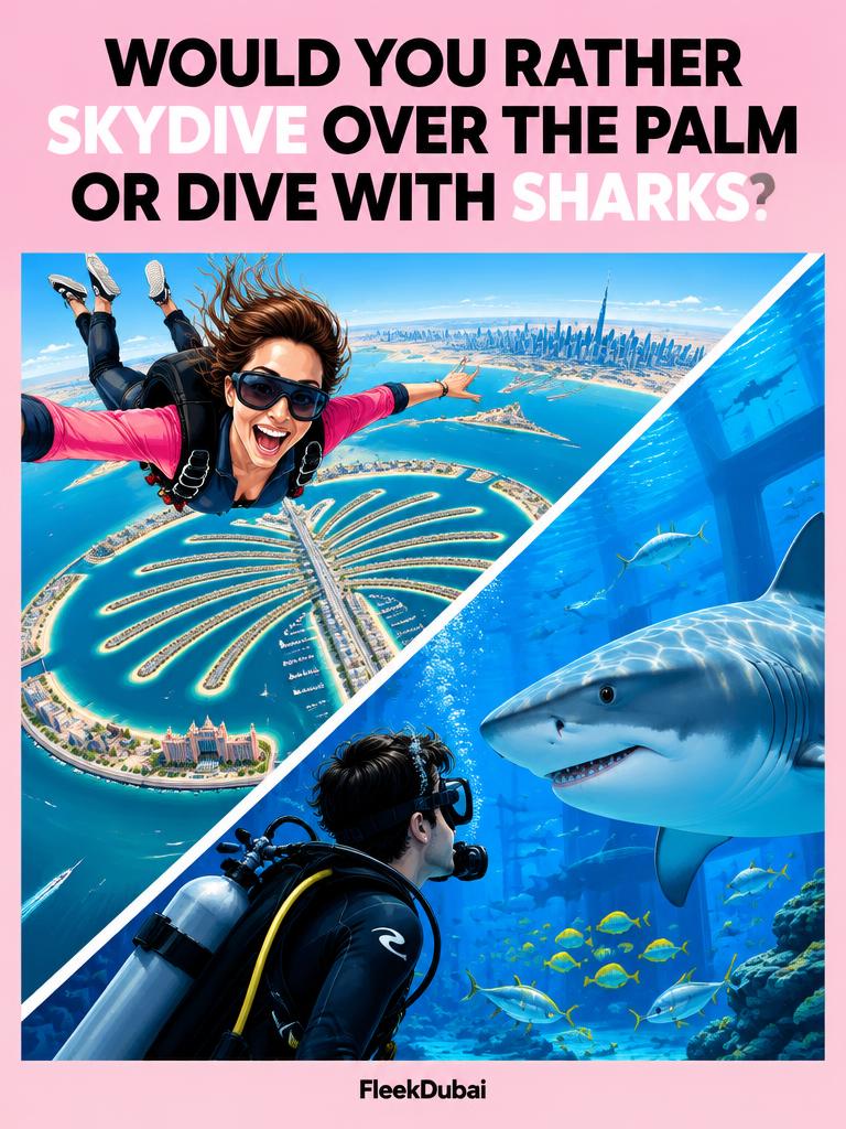 Fleek Dubai quiz post: Would you rather skydive over the Palm or dive with sharks?