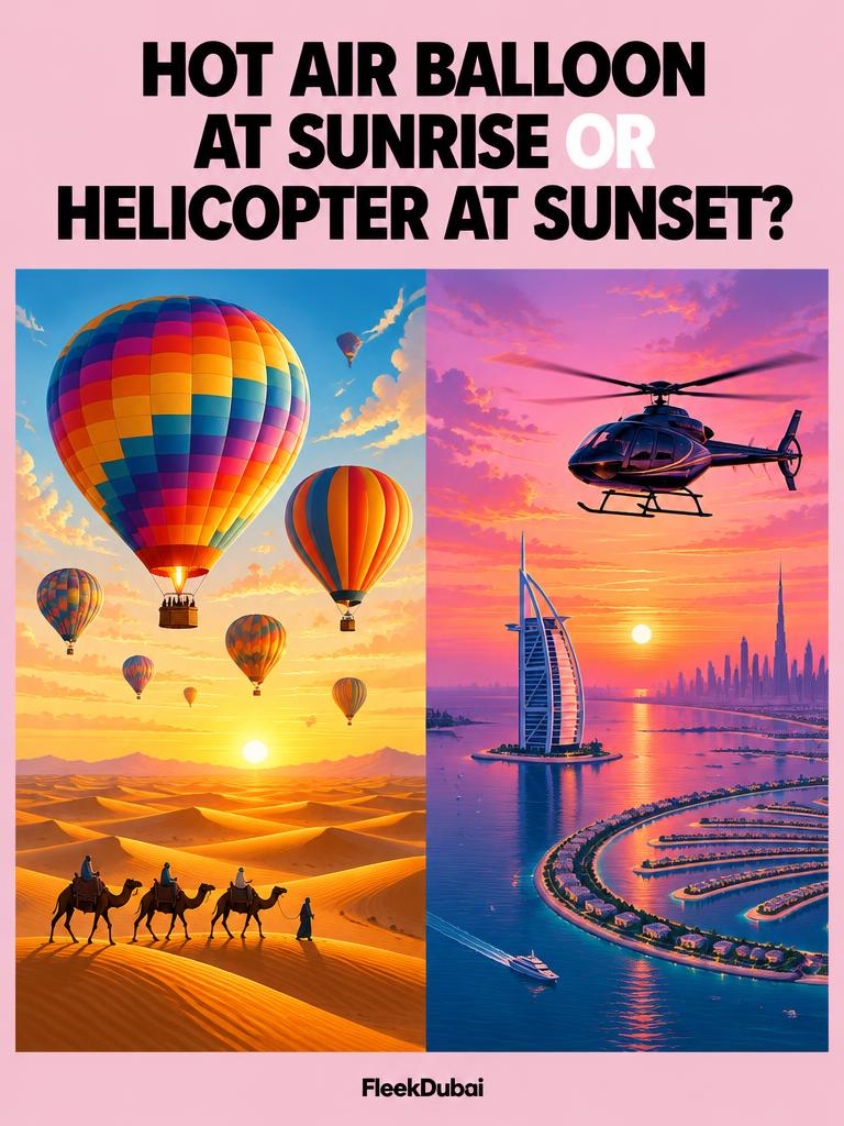 Fleek Dubai quiz post: Hot air balloon at sunrise or helicopter at sunset?