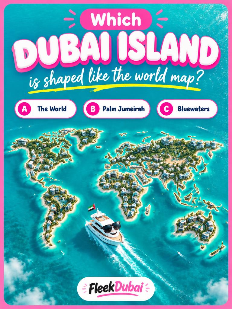 Fleek Dubai quiz post: Which Dubai island is shaped like the world map?