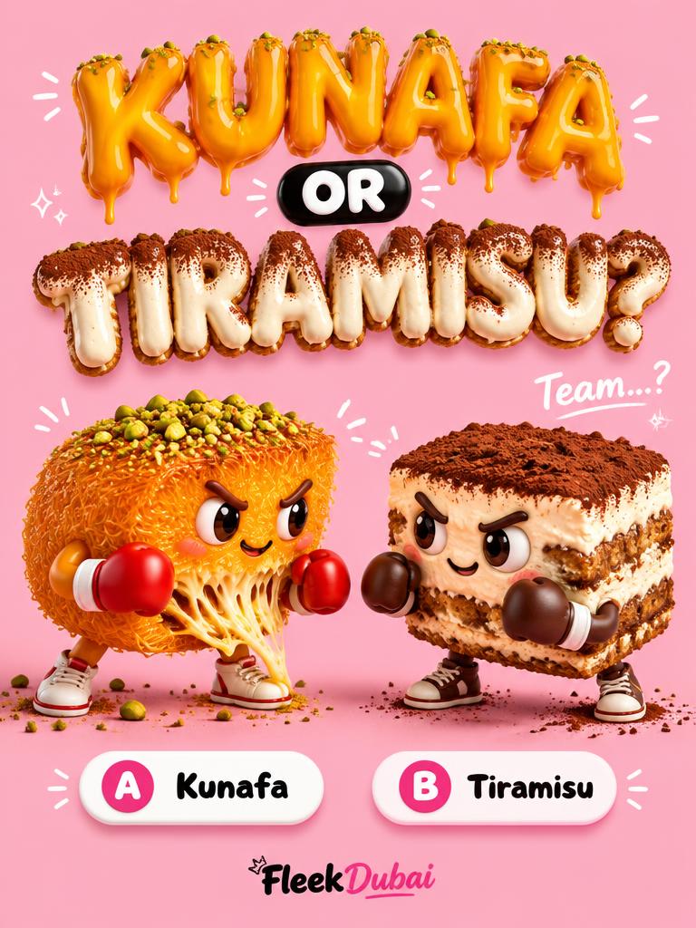 Fleek Dubai quiz post: Which sweet is famous at Dubai cafes: kunafa or tiramisu?