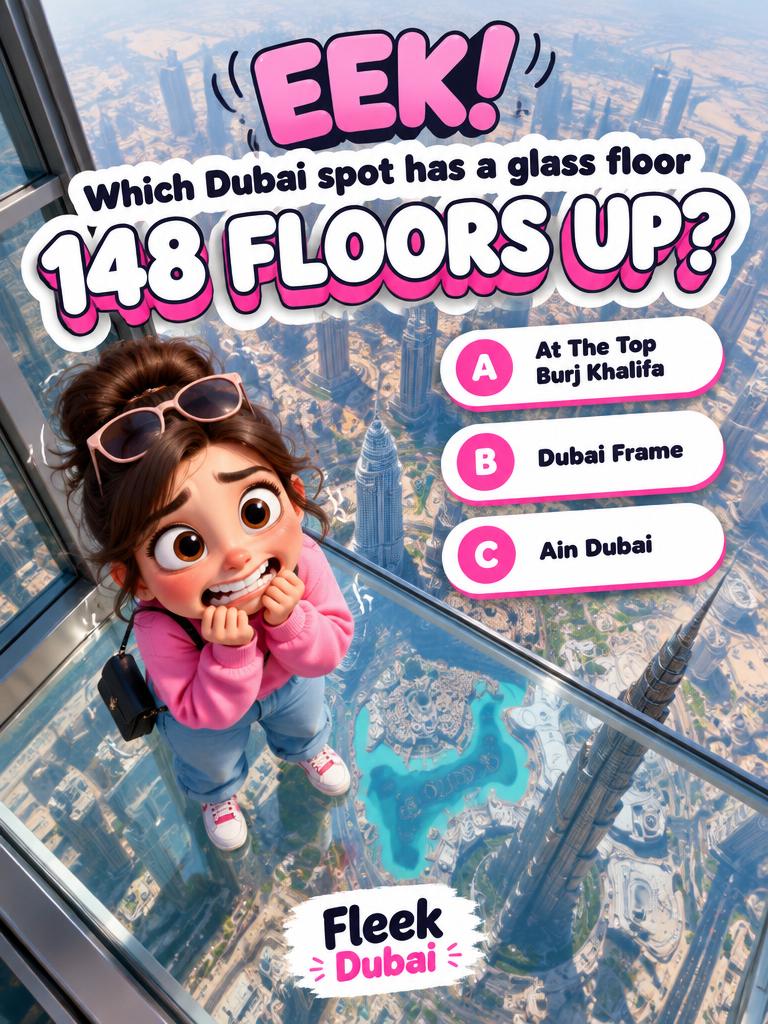 Fleek Dubai quiz post: Which Dubai spot has a glass floor 148 floors up?