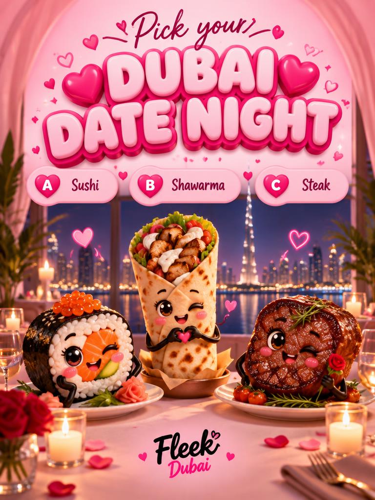 Fleek Dubai quiz post: Pick your Dubai date night: sushi, shawarma or steak?