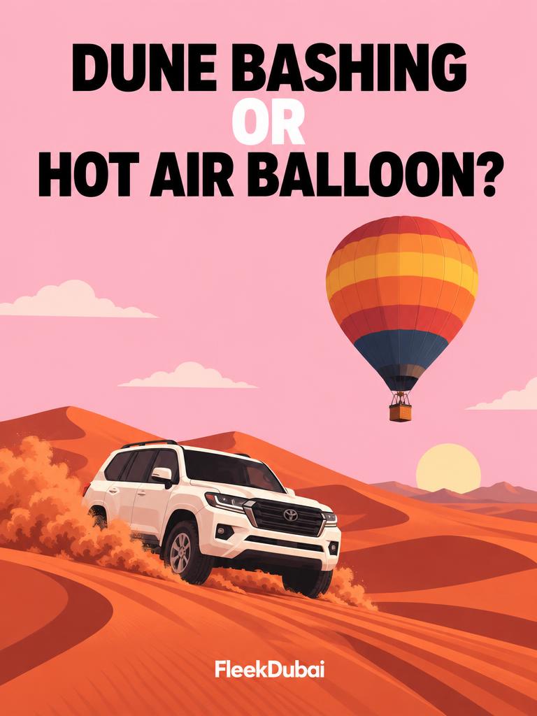 Fleek Dubai quiz post: Dune bashing or hot air balloon?