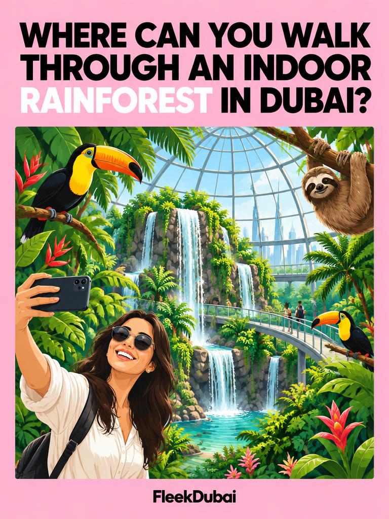 Fleek Dubai quiz post: Where can you walk through an indoor rainforest in Dubai?