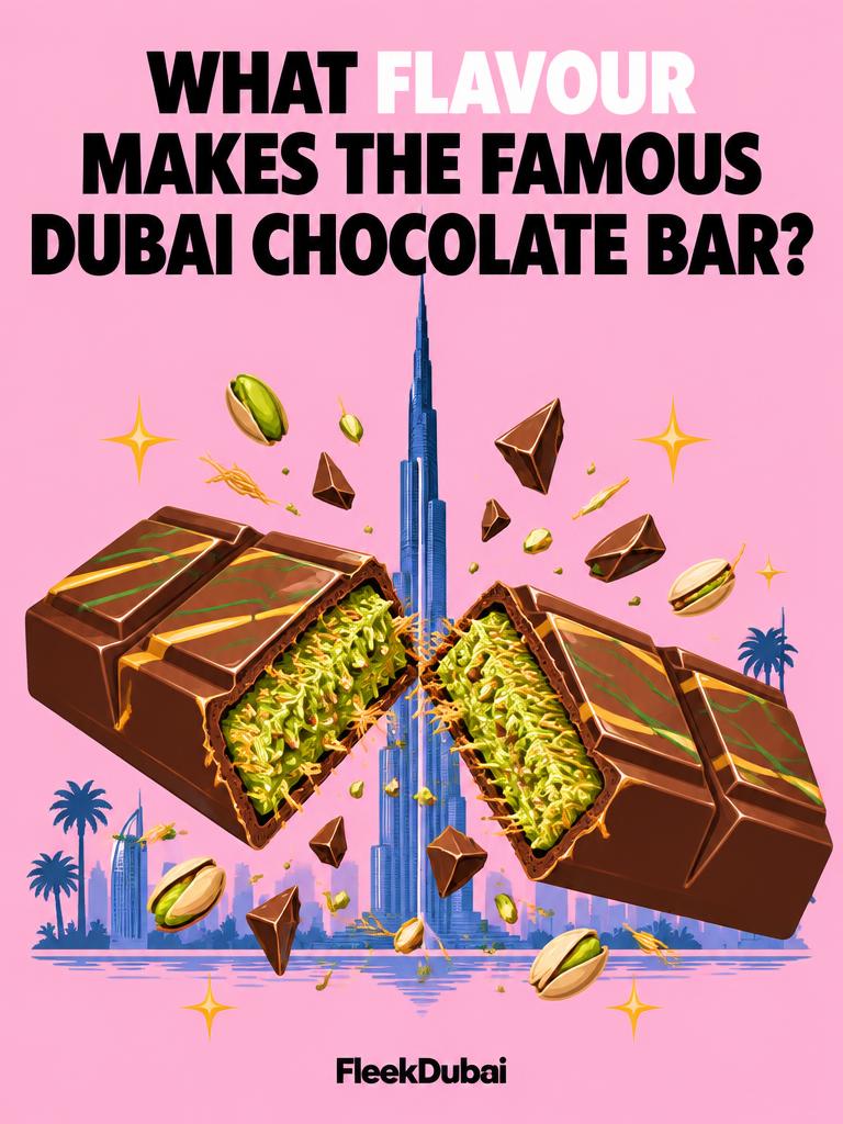 Fleek Dubai quiz post: What flavour makes the famous Dubai chocolate bar?