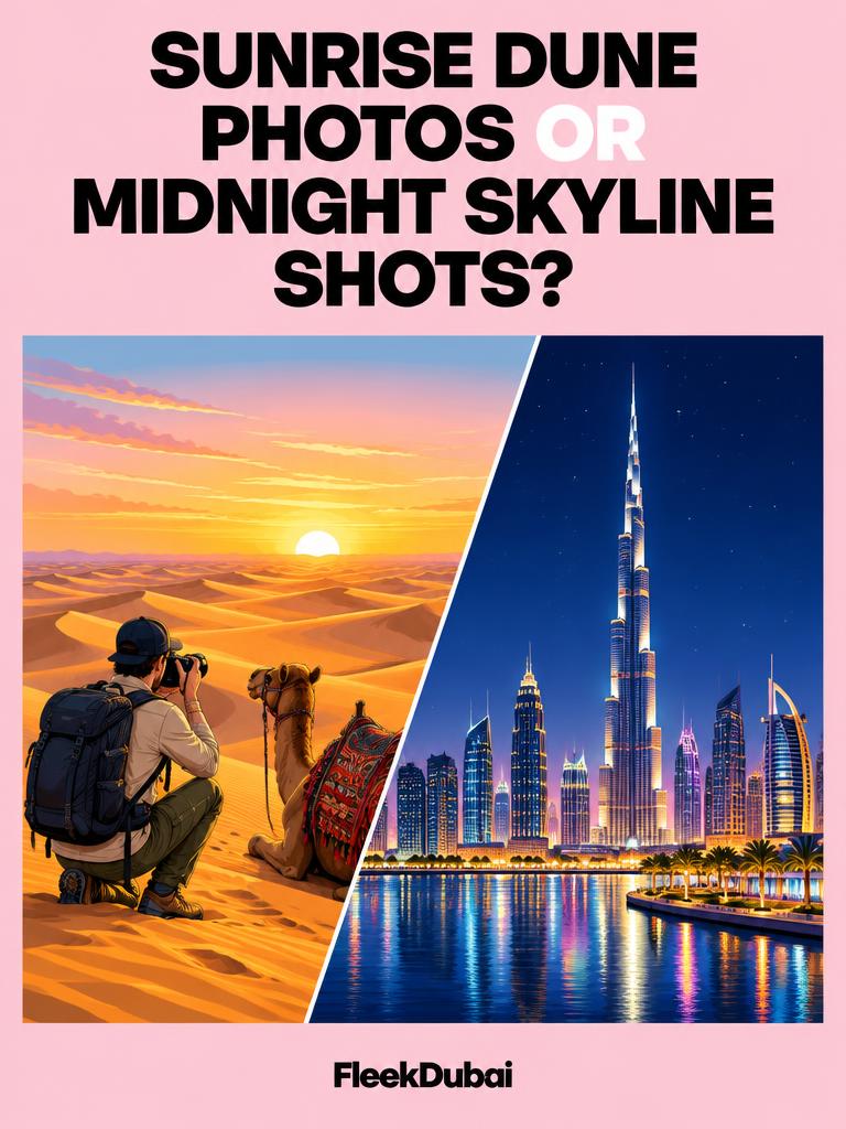 Fleek Dubai quiz post: Sunrise dune photos or midnight skyline shots?