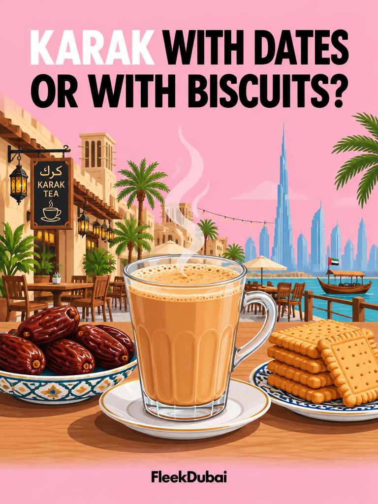 Fleek Dubai quiz post: Karak with dates or with biscuits?