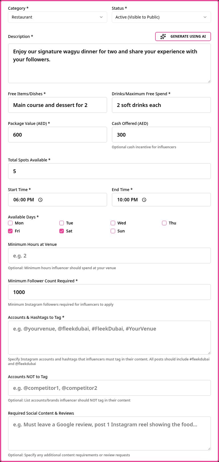 Step 3: Fill in what influencers get
